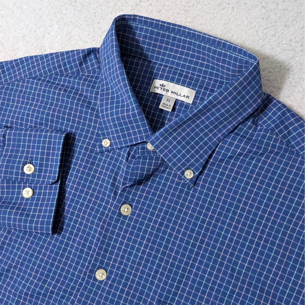 Peter Millar Performance Button up Mens XL Blue Check Stretch Crown Sport Shirt